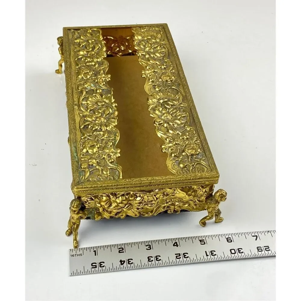 Vtg Cherub Angel Footed Tissue Box Vanity Patina Ormolu Flowers Baroque Rococo E